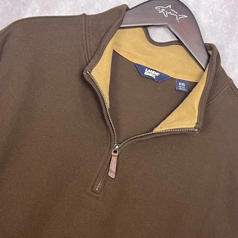 Lands End Quarter Zip Pullover Mens XXL Brown Excellent Corduroy Trim Mock Neck